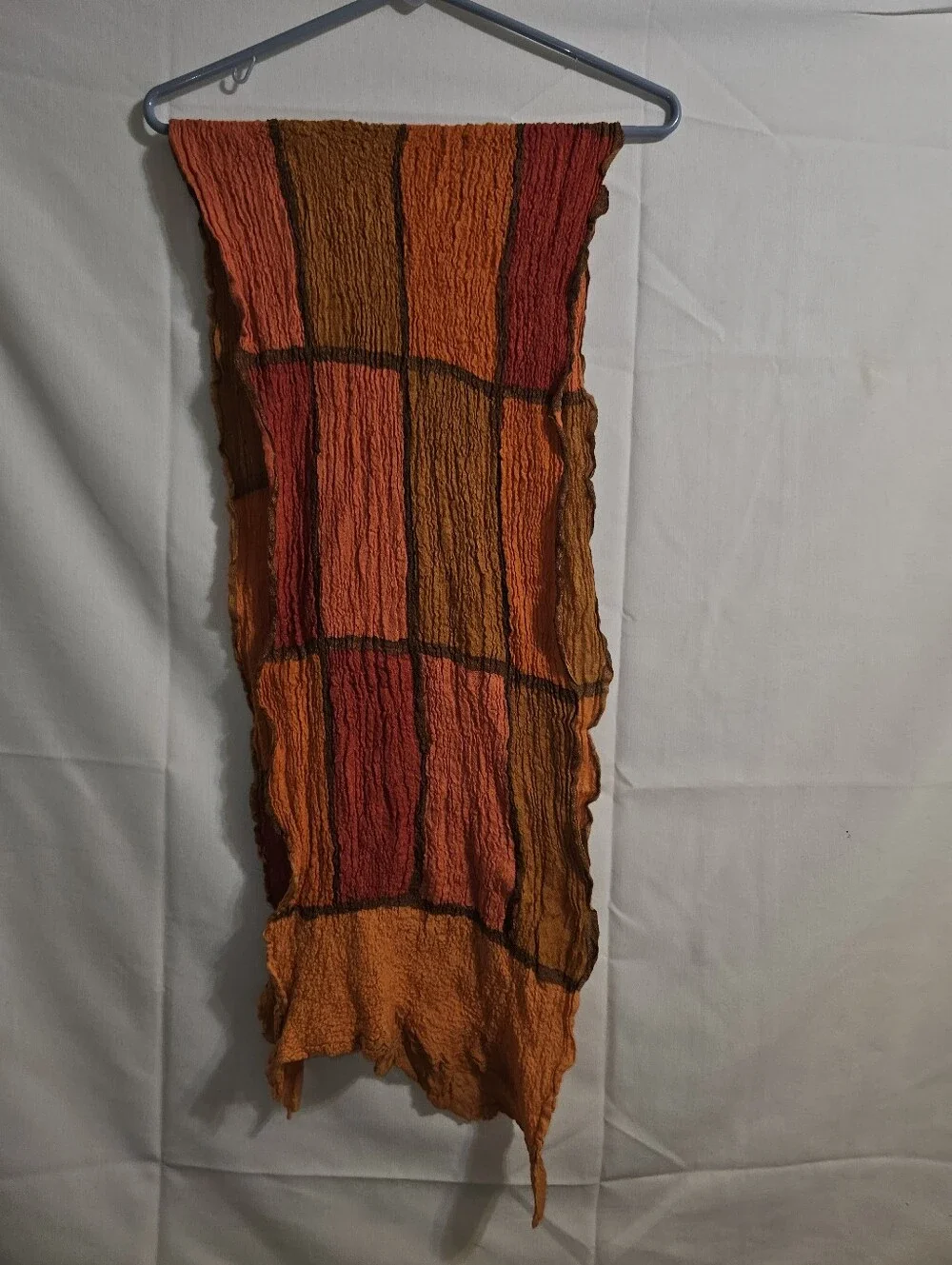 Multicolor woven patchwork crinkle scarf warm fall tones  orange, Red Brown